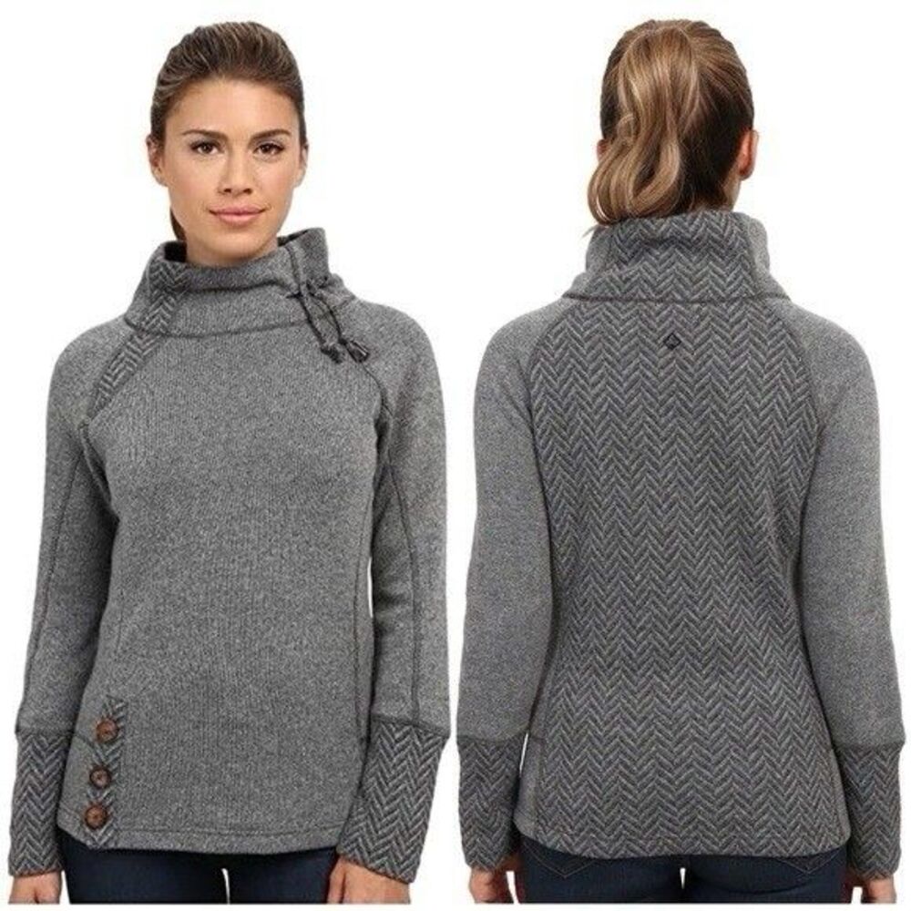 prAna Women’s Sz Medium Lucia Sweater Gray Mock Neck Herringbone Wool Blend